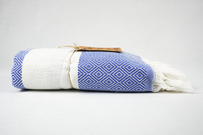 %100 Original Turkish Cotton Towels - Blue & White Diamond