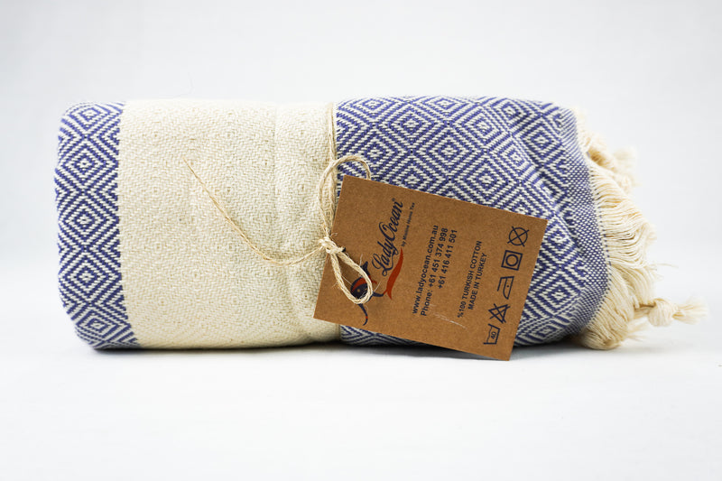 %100 Original Turkish Cotton Towels - Blue Cream Diamond