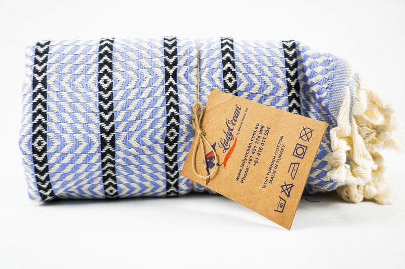 %100 Original Turkish Cotton Towels -SAND-FREE- Baby Blue Black Zigzag