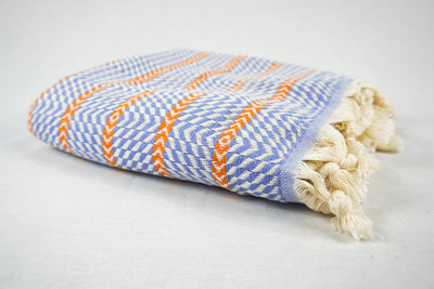 %100 Original Turkish Cotton Towels - Baby Blue Orange Zigzag