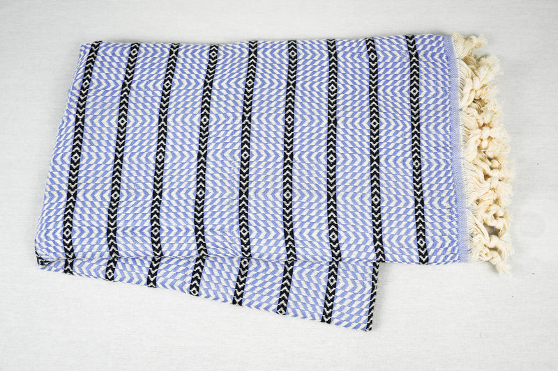 %100 Original Turkish Cotton Towels -SAND-FREE- Baby Blue Black Zigzag