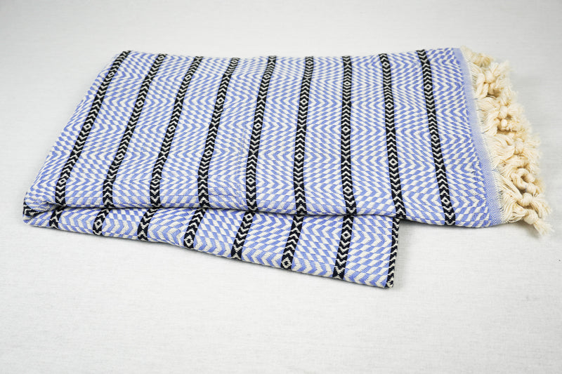 %100 Original Turkish Cotton Towels -SAND-FREE- Baby Blue Black Zigzag