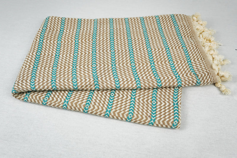 %100 Original Turkish Cotton Towels - Brown Blue Zigzag