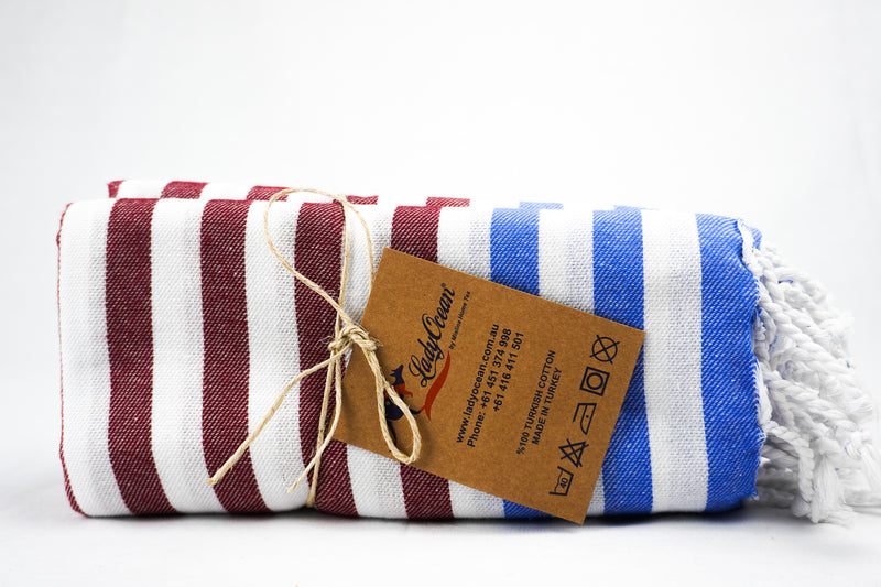 %100 ORIGINAL TURKISH COTTON TOWELS -RED BLUE STRIPES -