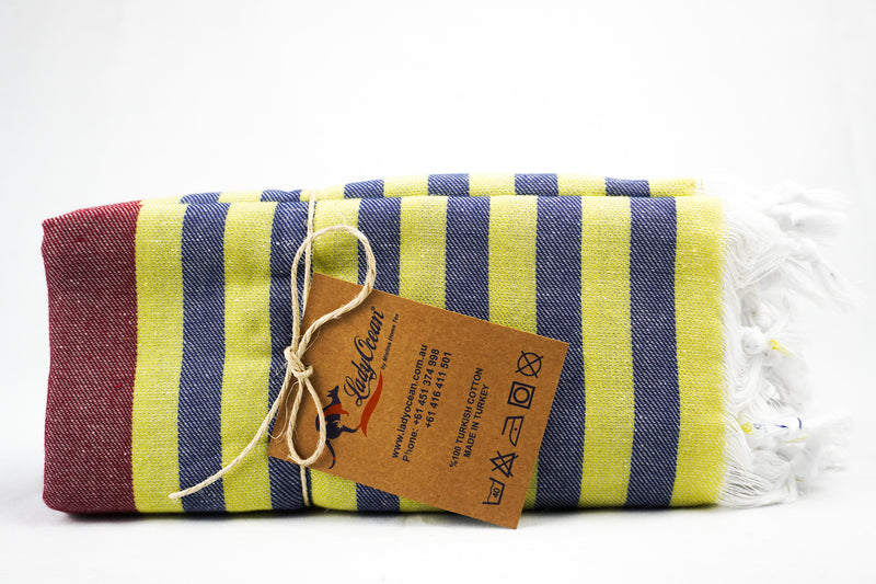 %100 ORIGINAL TURKISH COTTON TOWELS - RED GREEN - NAVY STRIPES -