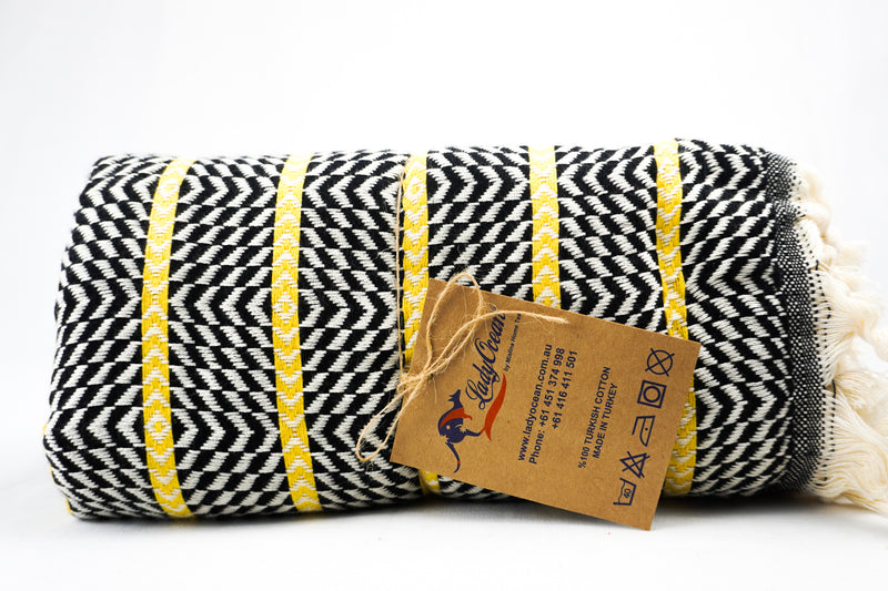%100 Original Turkish Cotton Towels - Black Yellow Zigzag