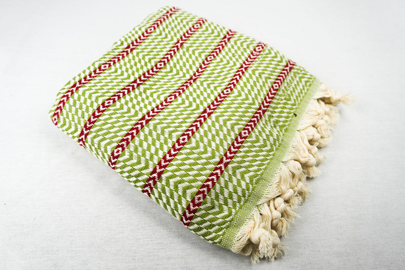 %100 Original Turkish Cotton Towels - Green Red Zigzag