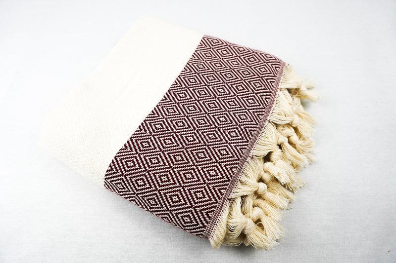 %100 Original Turkish Cotton Towels - Diamond Bordeaux Coloured