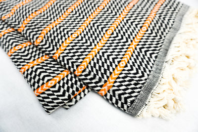 %100 Original Turkish Cotton Towels - Black Orange Zigzag