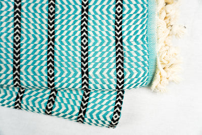 %100 Original Turkish Cotton Towels - Turquoise Black Zigzag