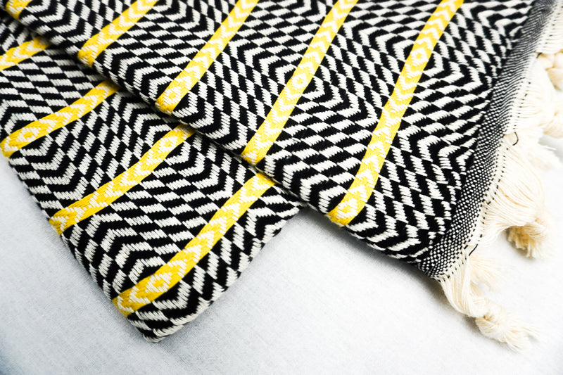 %100 Original Turkish Cotton Towels - Black Yellow Zigzag