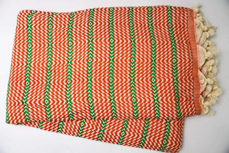 %100 Original Turkish Cotton Towels - Orange Green  Zigzag