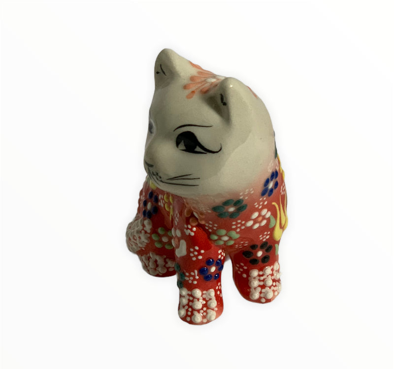 Hand-Painted Turkish Cat Figurine-Sitting Design in Red Color