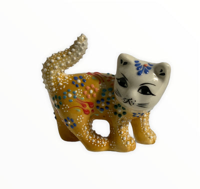 Hand-Painted Turkish Cat Figurine- Tail Up Design in Yellow Color