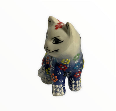 Hand-Painted Turkish Cat Figurine-Sitting Design in Dark Blue Color