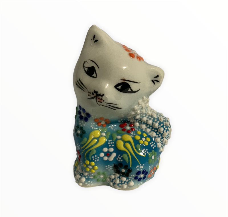 Hand-Painted Turkish Cat Figurine-Sitting Design in Light Blue Color