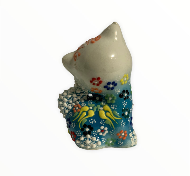 Hand-Painted Turkish Cat Figurine-Sitting Design in Light Blue Color