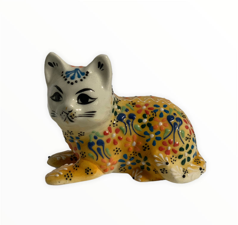 Hand-Painted Turkish Cat Figurine-Sitting Design in Yellow Colour