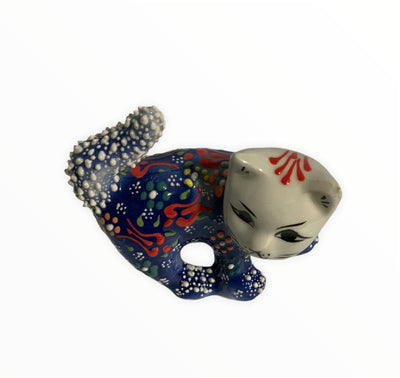 Hand-Painted Turkish Cat Figurine- Tail Up Design in Dark Blue Color