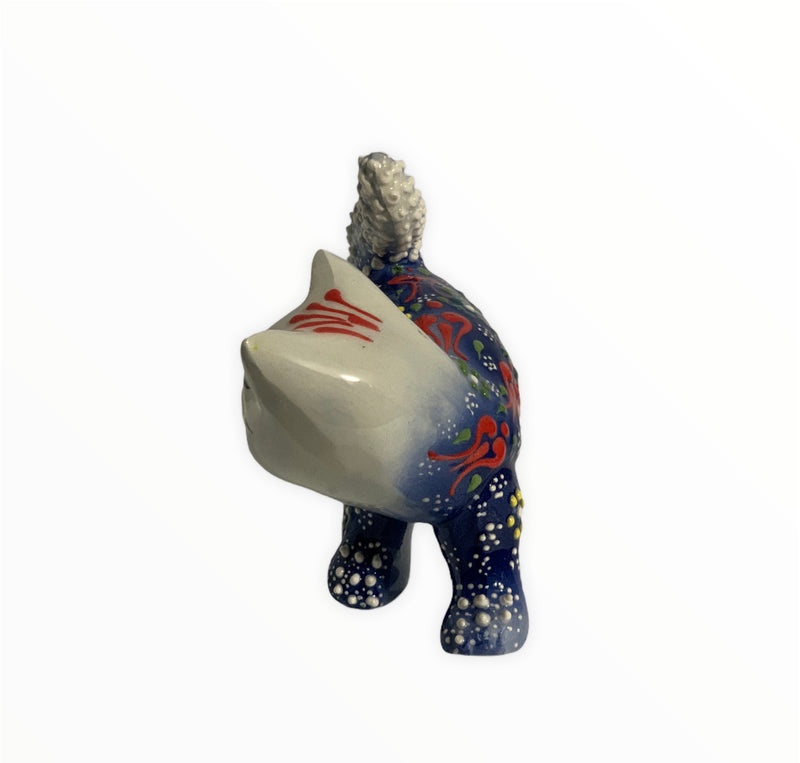 Hand-Painted Turkish Cat Figurine- Tail Up Design in Dark Blue Color