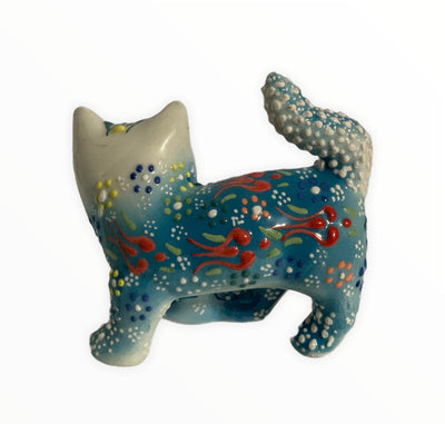 Hand-Painted Turkish Cat Figurine- Tail Up Design in Blue Color