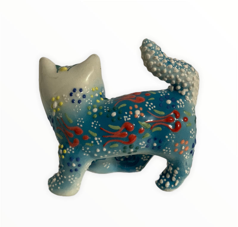 Hand-Painted Turkish Cat Figurine- Tail Up Design in Blue Color