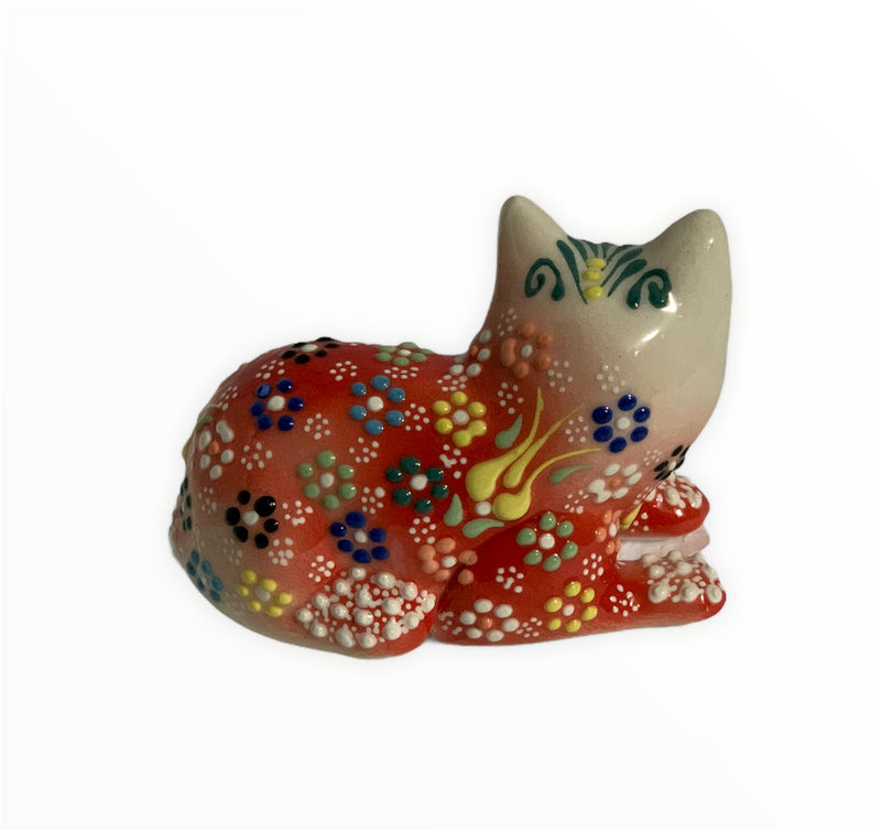 Hand-Painted Turkish Cat Figurine-Sitting Design in Red Colour