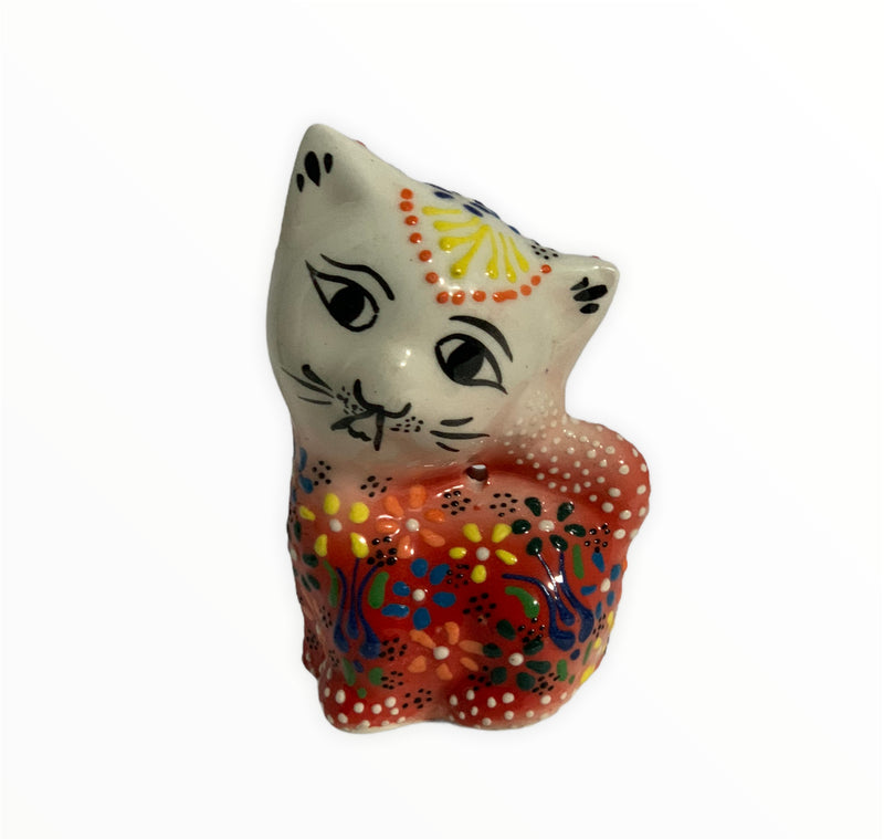 Hand-Painted Turkish Cat Figurine-Sitting Design in Red Color