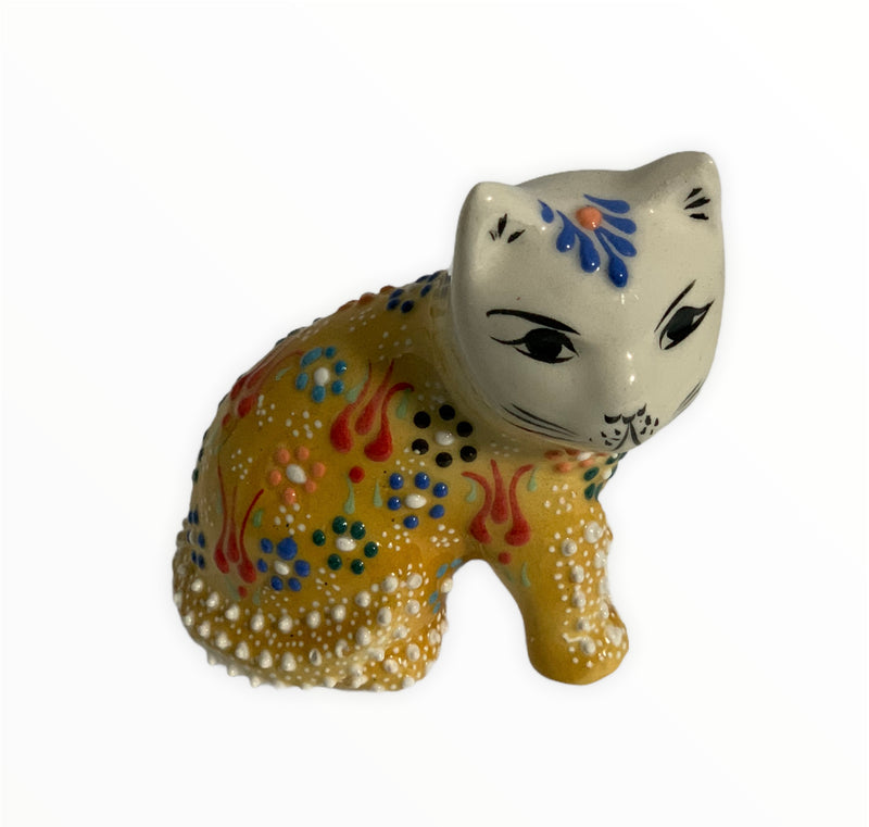 Hand-Painted Turkish Cat Figurine-Sitting Design in Yellow Color