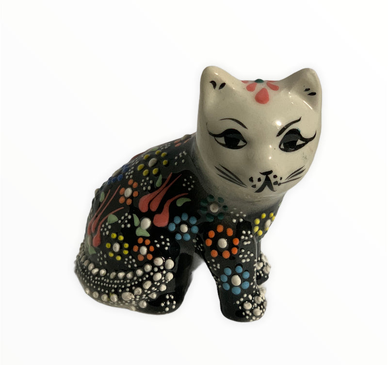 Hand-Painted Turkish Cat Figurine-Sitting Design in Black Color