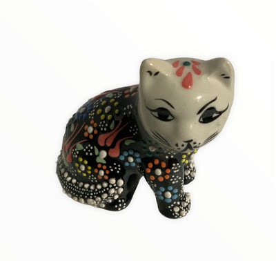 Hand-Painted Turkish Cat Figurine-Sitting Design in Black Color